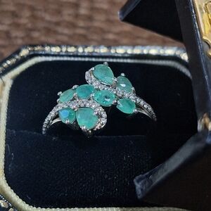 D’Joy Genuine Socoto Emerald Cluster Ring & White Topaz Size 9 – Sterling Silver